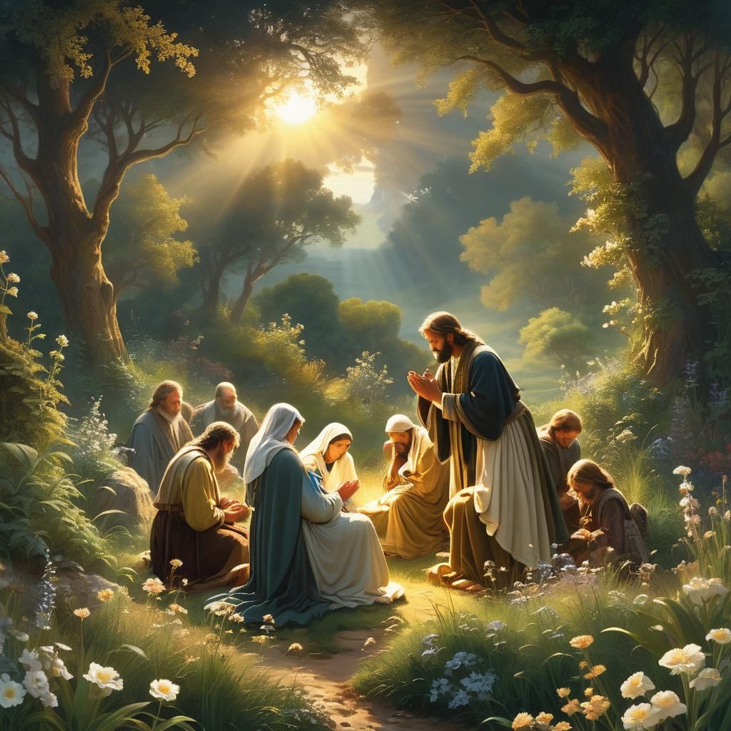 Devout Christians Pray Together in a Lush Landscape