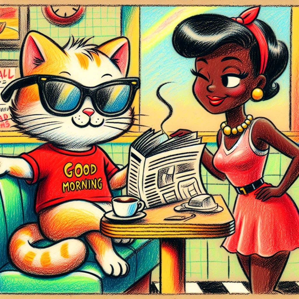 Cartoon Cat Reads Newspaper in Diner, Crayon Style