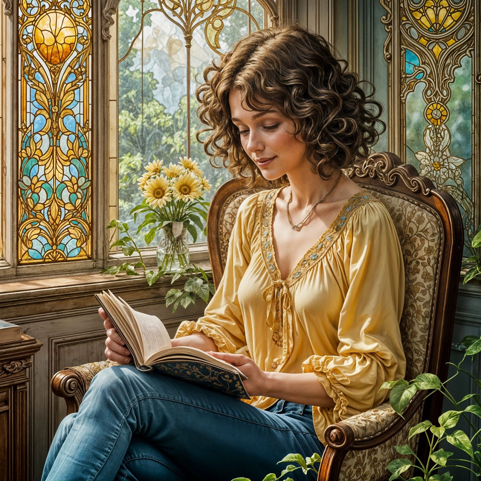 Art Nouveau Woman Reading by Stained Glass Window