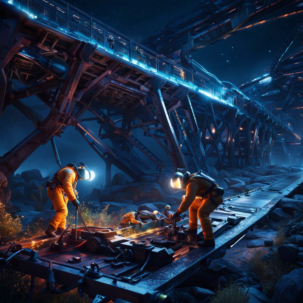 Team Repairs Bridge in Cyberpunk Starry Night