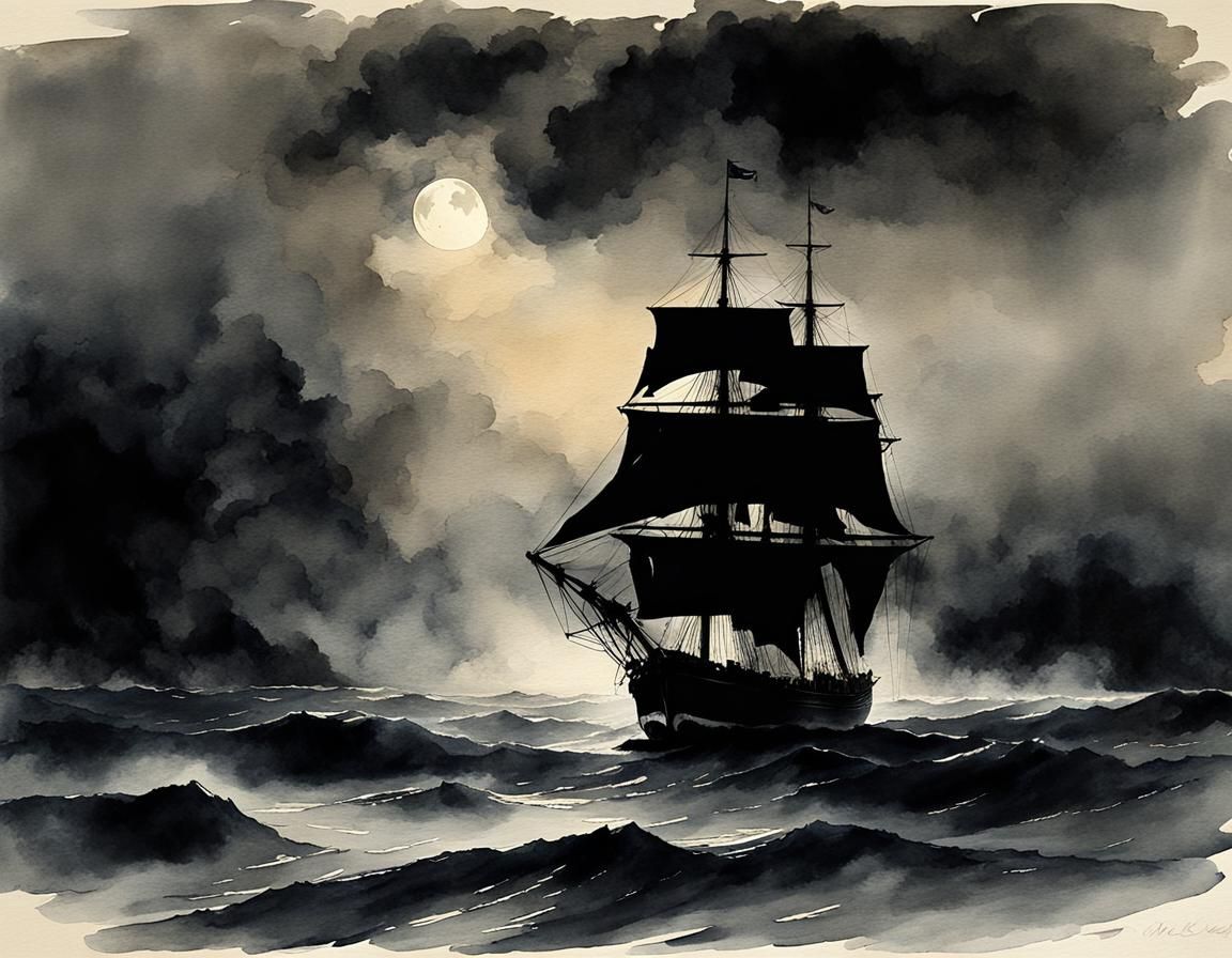 Eagle Soaring Over Moody Night Ocean, Watercolor Art