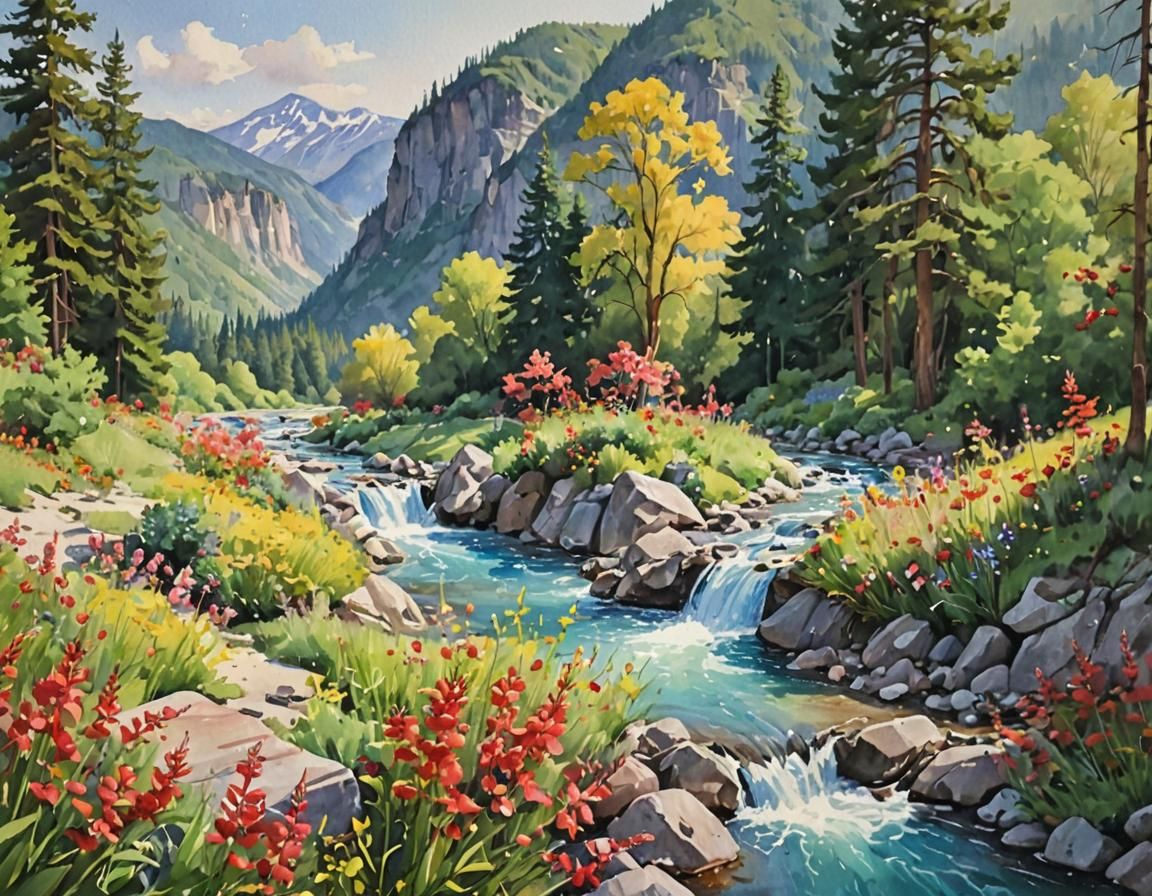 Vibrant Watercolor Landscape with River and Flowers