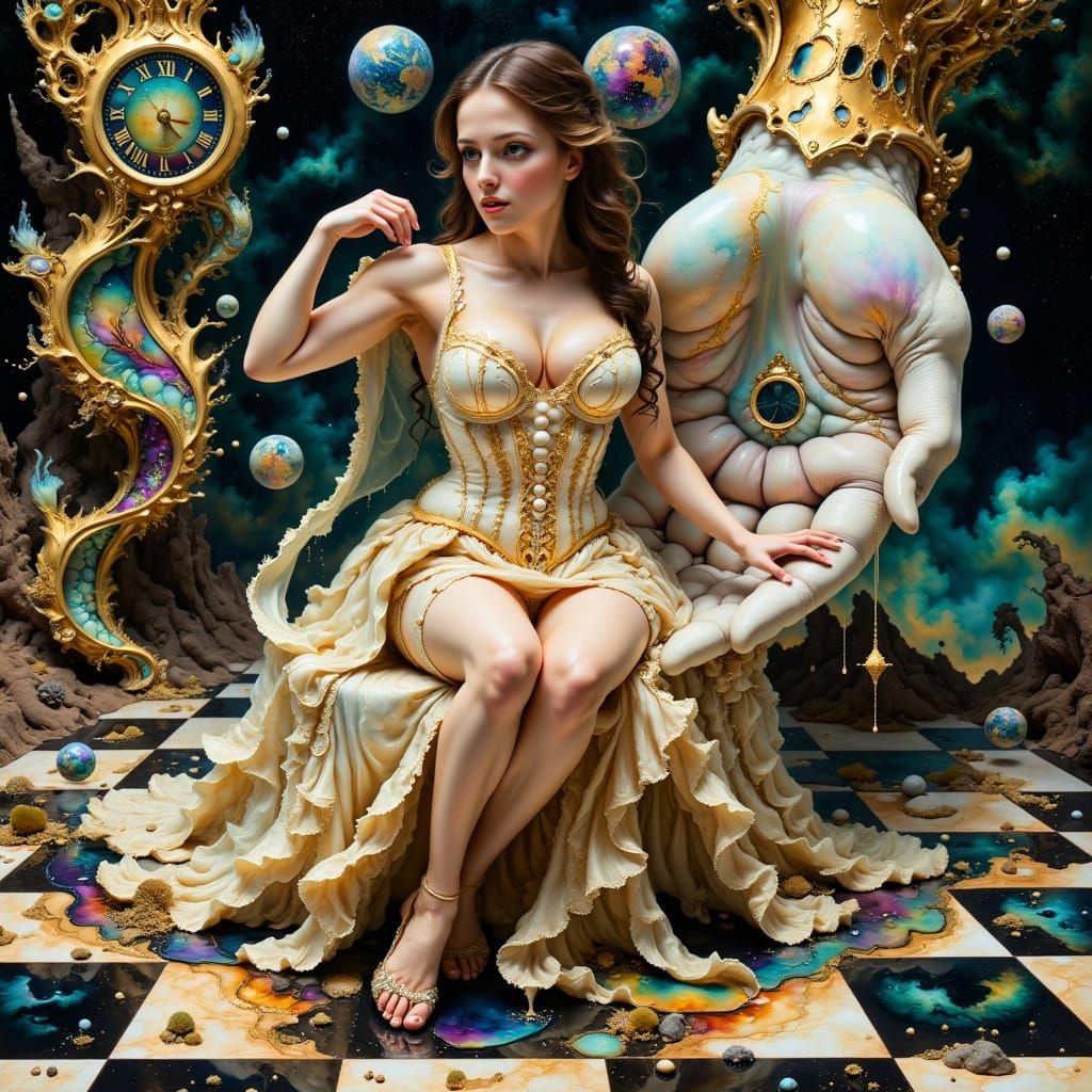 Woman in Victorian Gown Sits in Giant Hand with Melting Cloc...