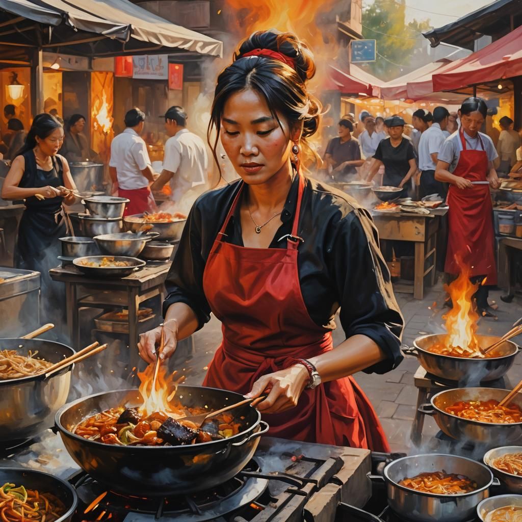 Street Food Scene as Dynamic Oil Painting