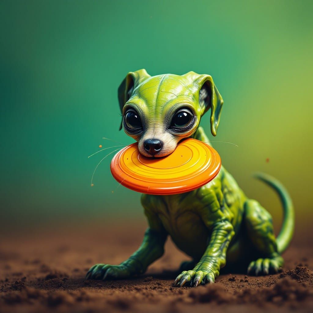 Alien dog holding a Frisbee in its mouth
