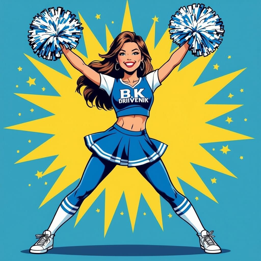 Cheerleader in Blue and White Uniform with "B.K. DRIVENIK" J...