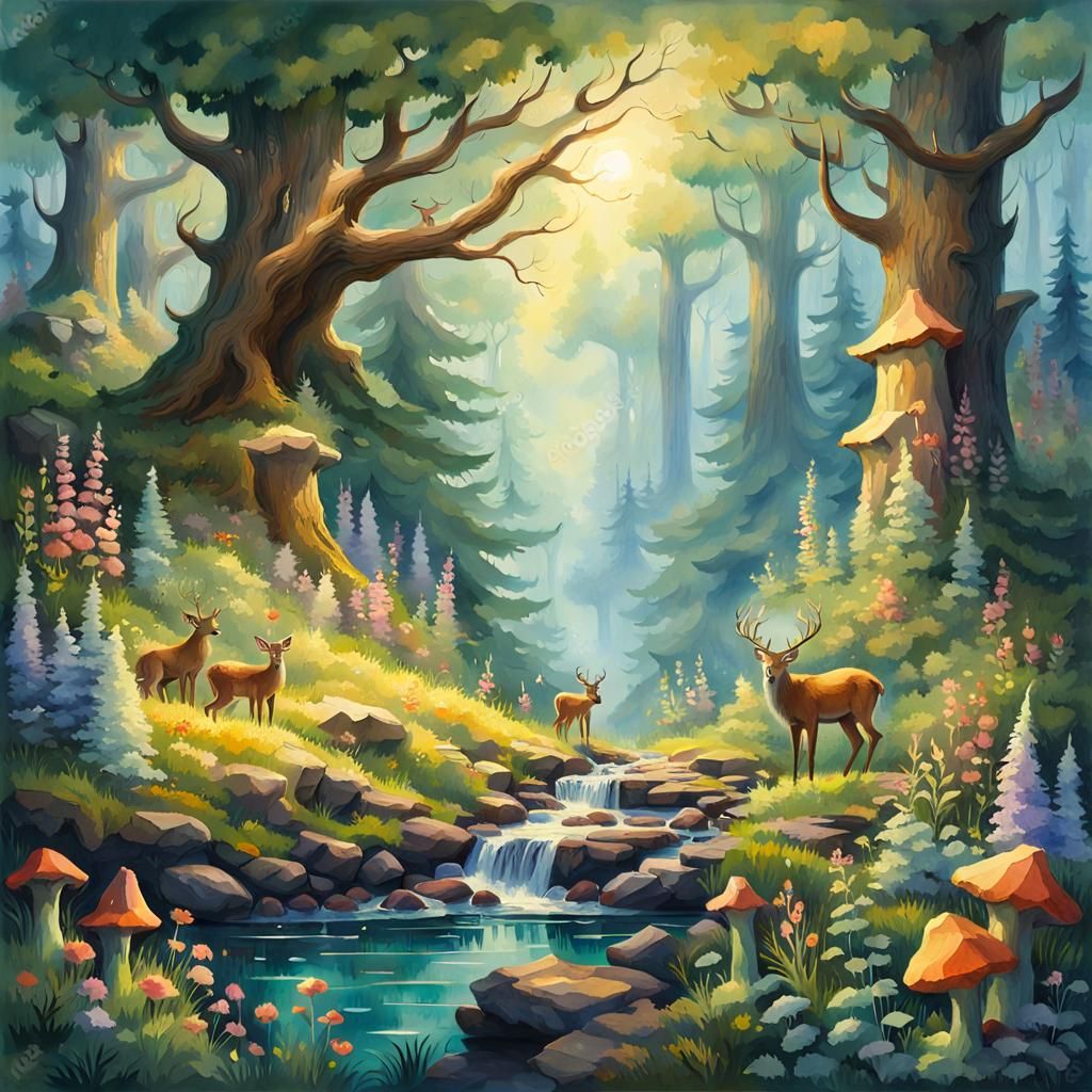 Enchanted Forest: Gouache and Watercolor Impressionist Scene