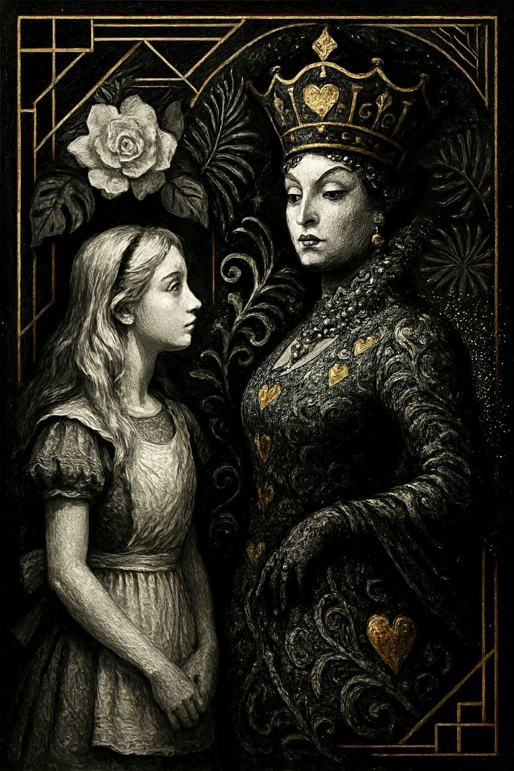 Queen of Hearts in a Surreal Art Deco Garden