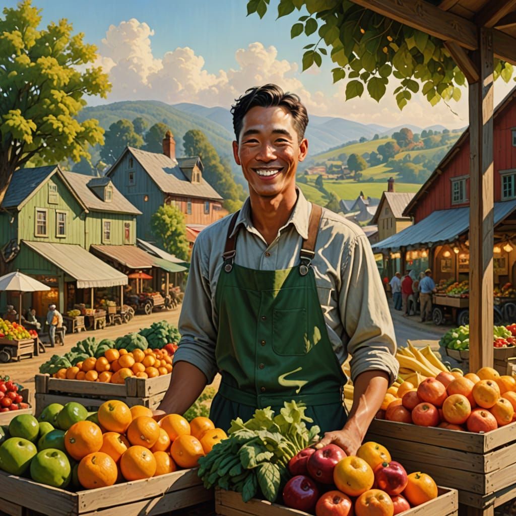 Picturesque Farm Stand Scene in Rockwell Style