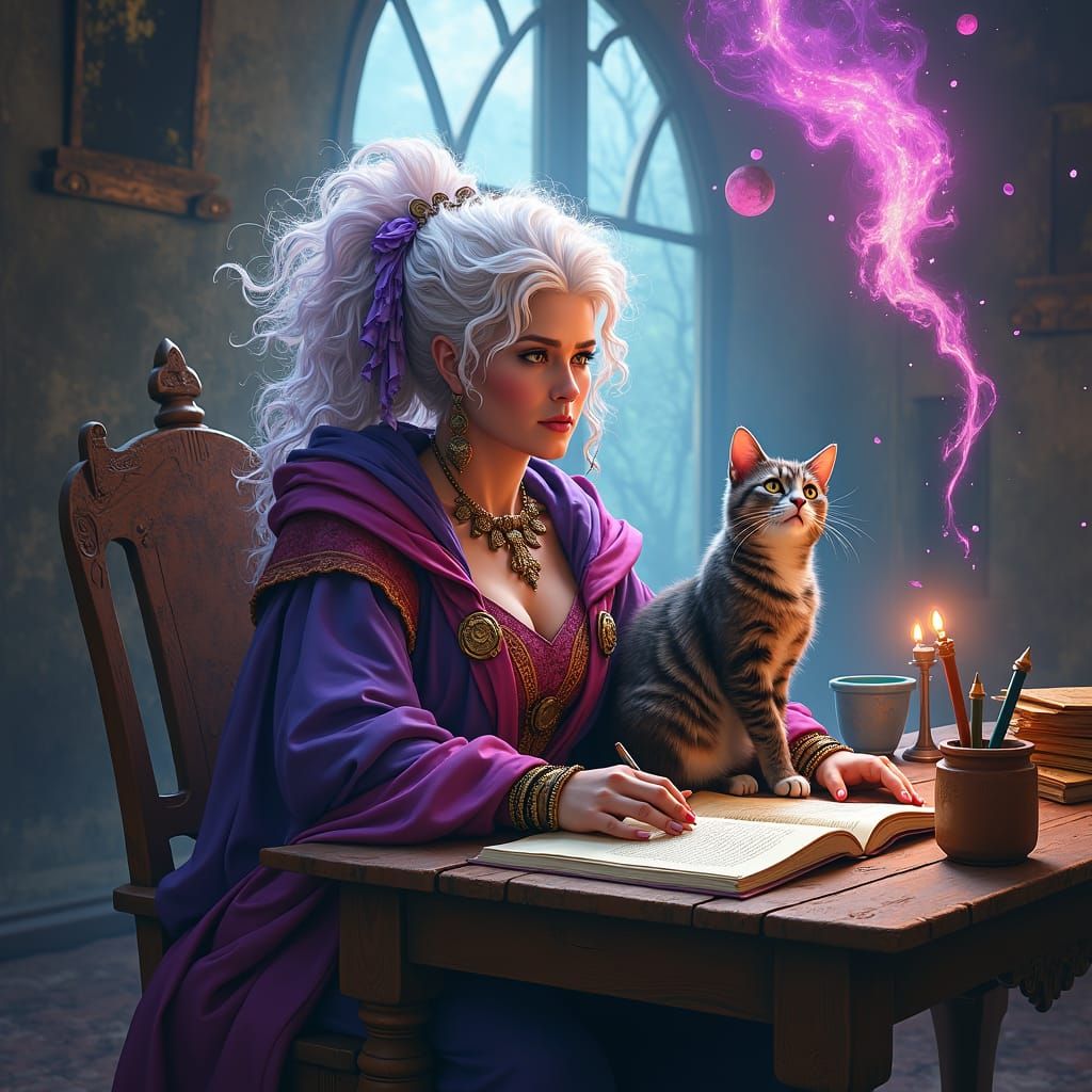 Sorceress with Cat Amidst Magical Symbols