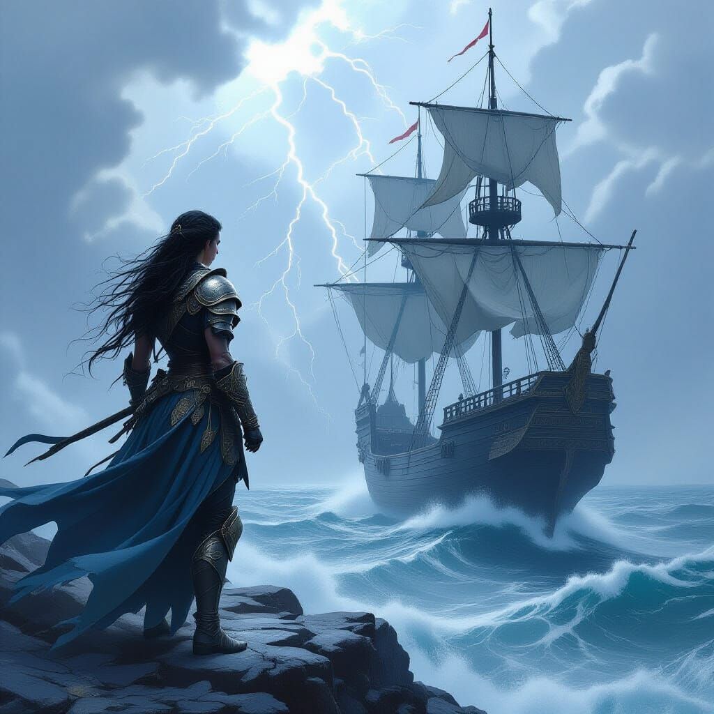 Warrior Woman Gazes at Galleon on Stormy Sea