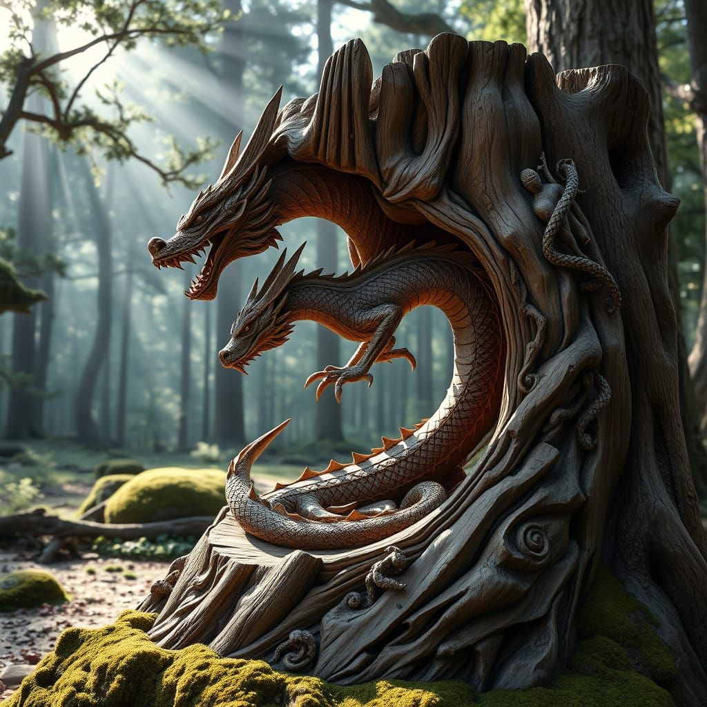 Ornate wooden dragon sculpture of sea dragon swimming out of...