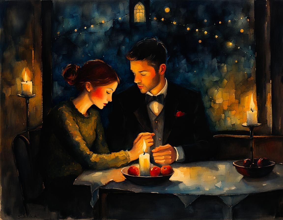 Romantic Candlelit Date in Moody Watercolor Style