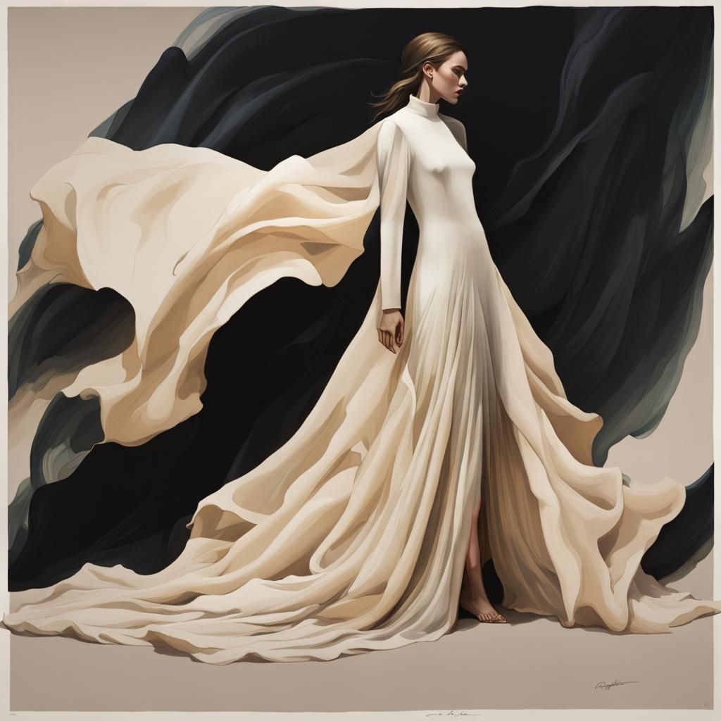 Woman in Flowing Cream Dress: Fantasy Concept Art