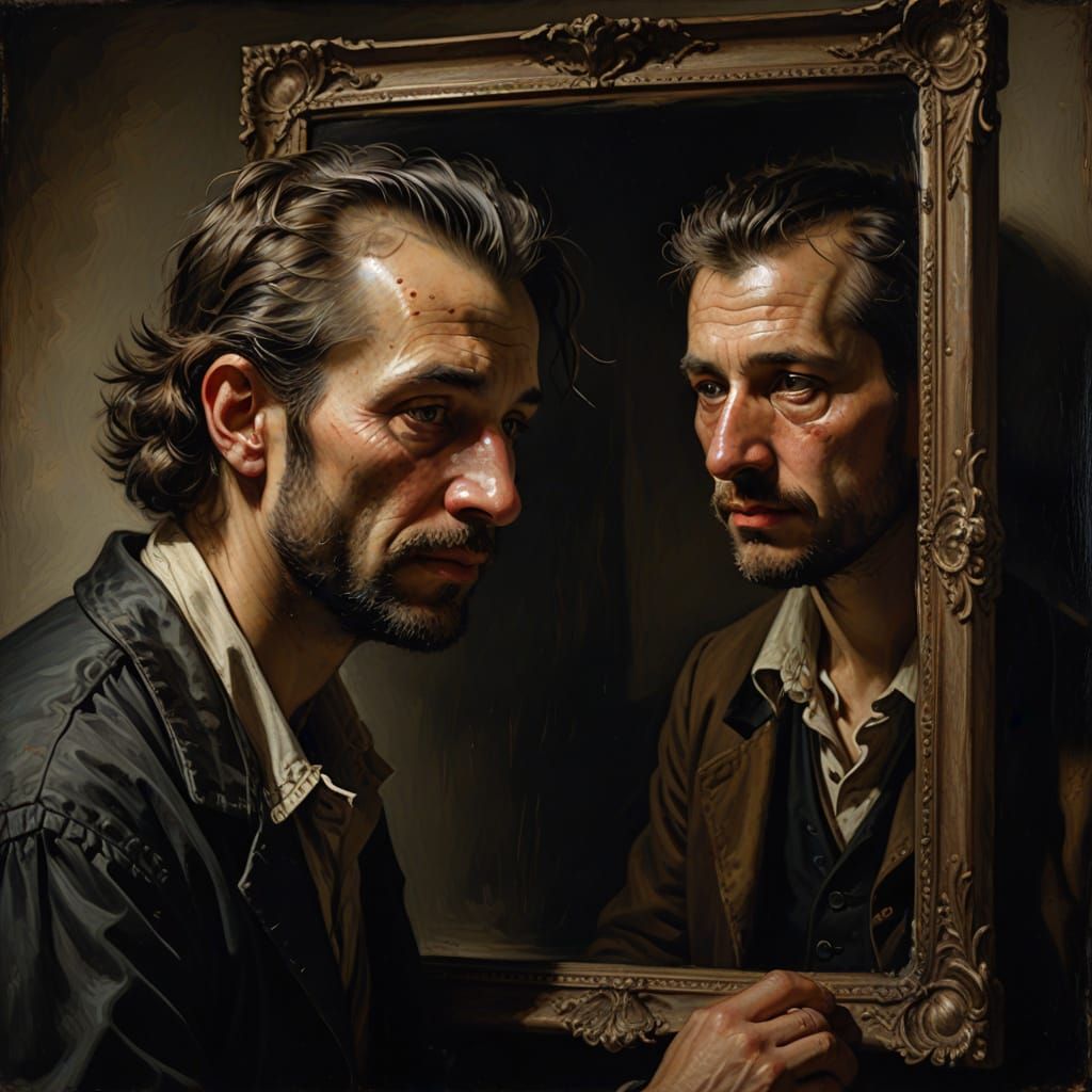A Man's Intense Self-Reflection in a Dimly Lit Grayscale Oil...