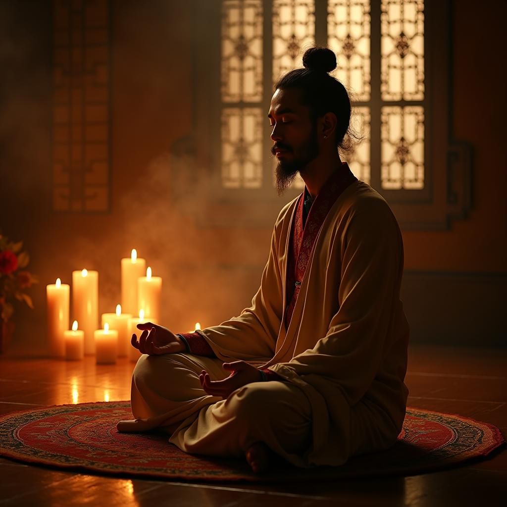 Meditating Elderly Man in Oriental Interior with Candlelight