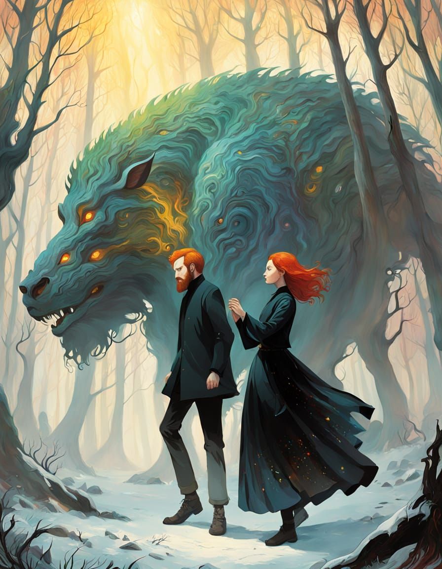 Couple in Mystic Woods: Psychedelic Oil Painting