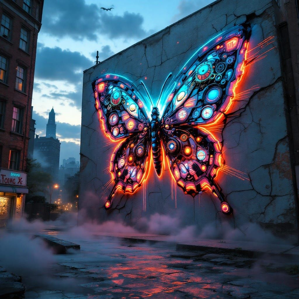 Surreal Cityscape with Mechanical Butterfly Graffiti Mural