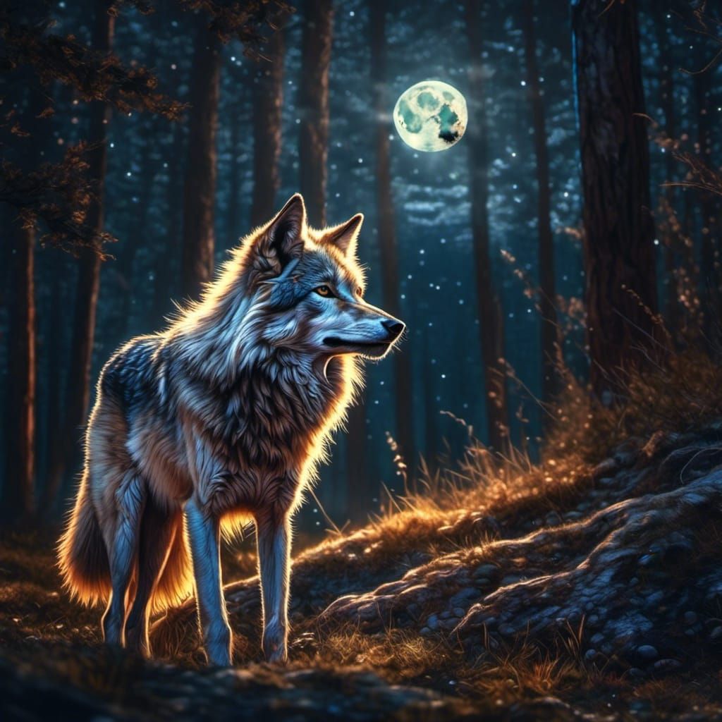 Wolf in Moonlight: Hyperrealistic and Detailed