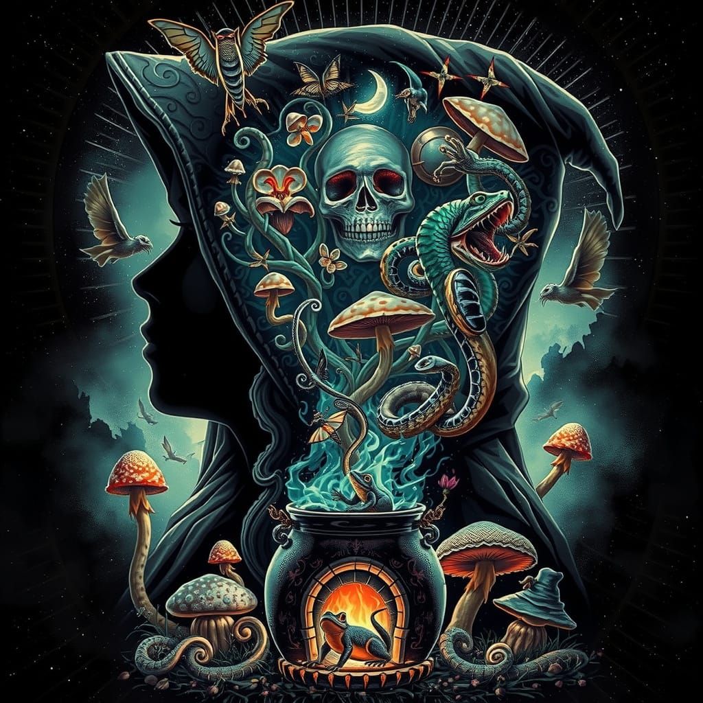 A dark fantasy double exposure art on a black background. A witch hologram takes the shape of a woman hooded figure. Ins...