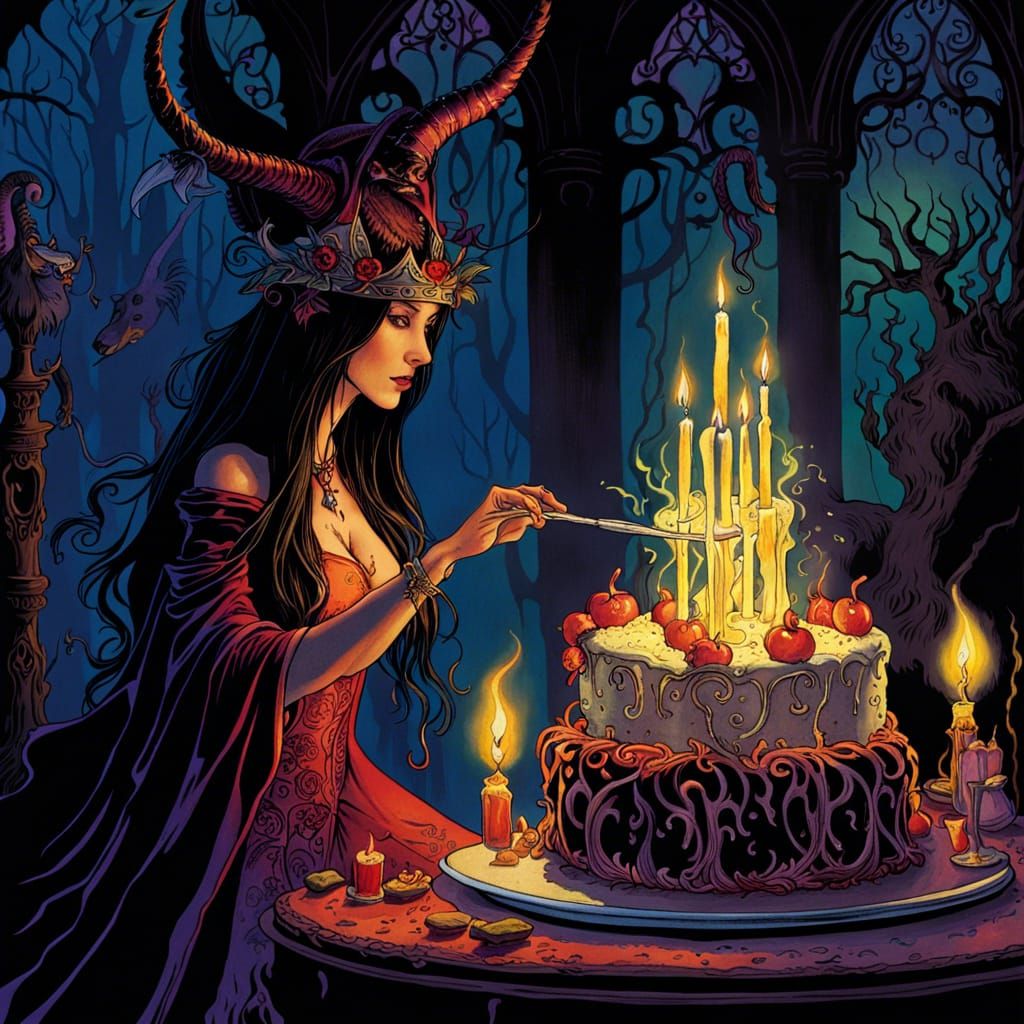 Witch Serves Birthday Cake to Baphomet