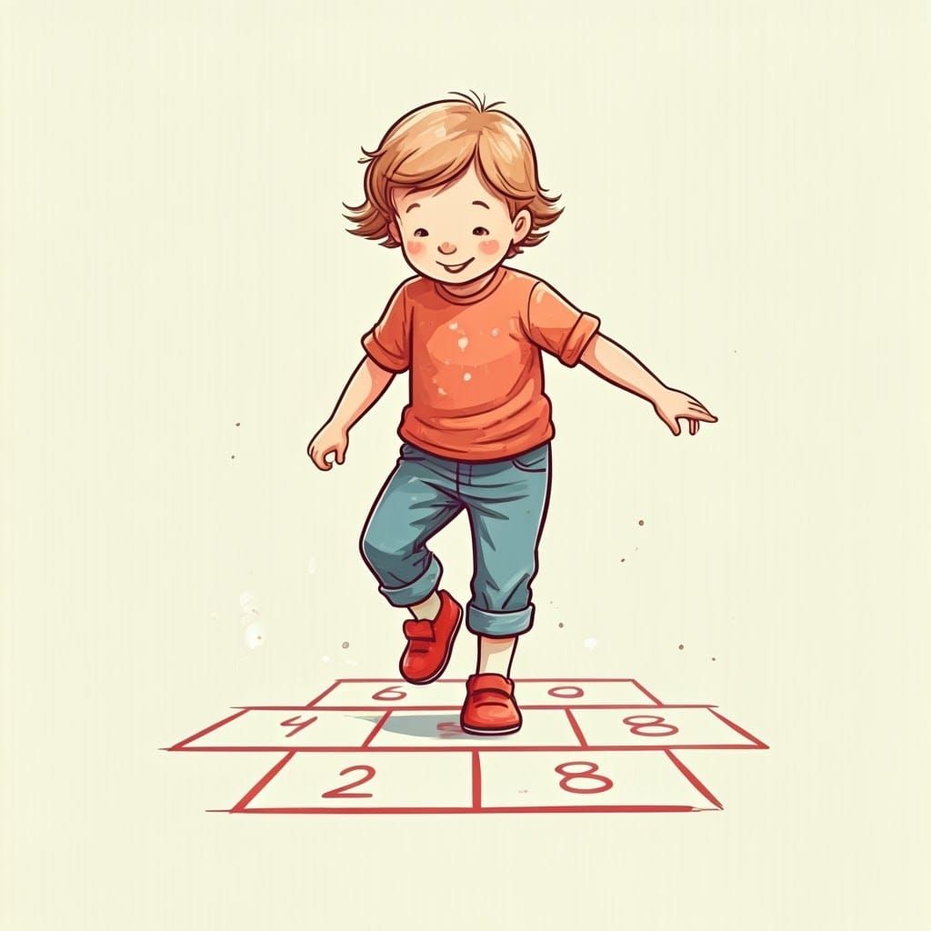 Child Playing Hopscotch in Flowing Watercolor Style