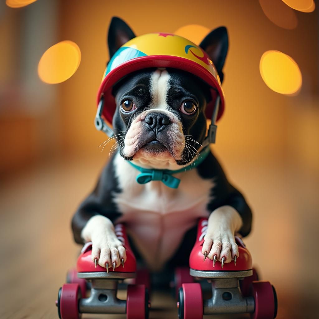 Cross-Eyed Boston Terrier Ready to Skate