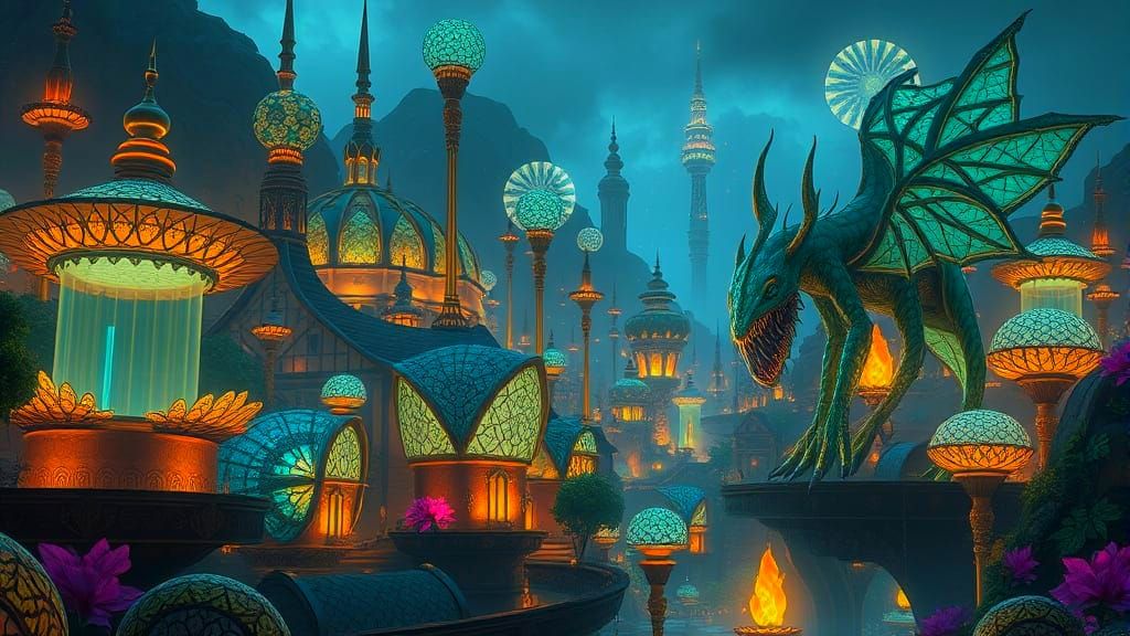 Surreal Bioluminescent Cityscape Concept Art