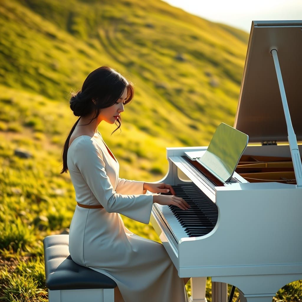 Elegant Woman Plays Grand Piano on Summer Hillside in Hyperr...