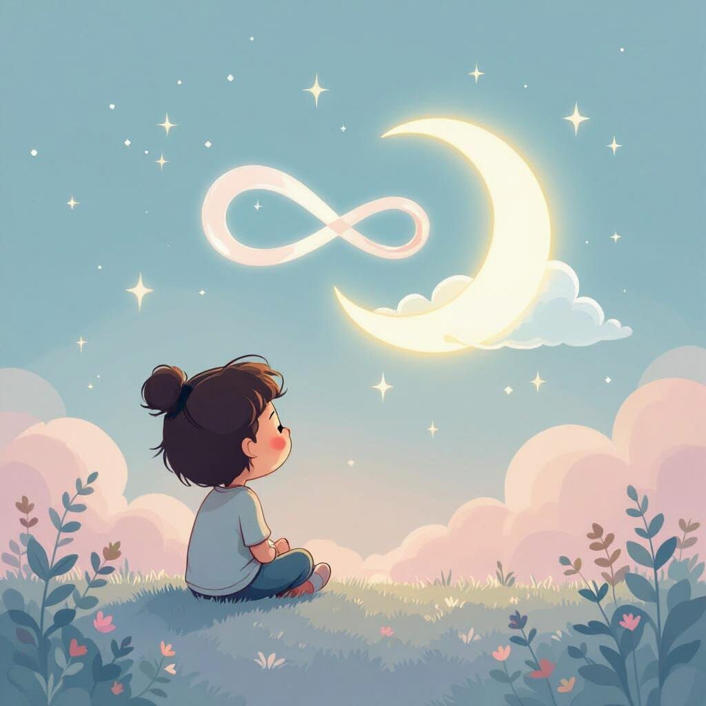 Cartoon Character Gazing at Moon in Pastel Dreamscape