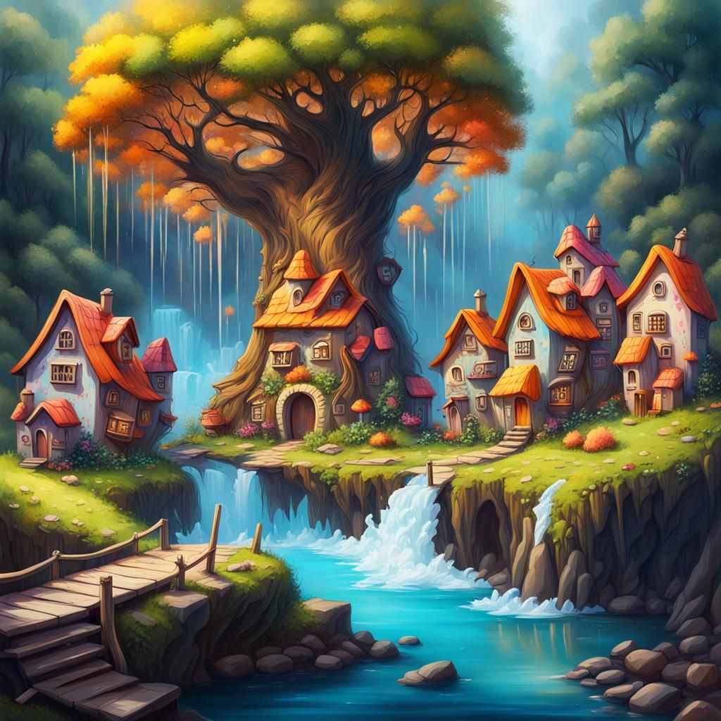 Fairy Village Graffiti Art Beside Roaring River