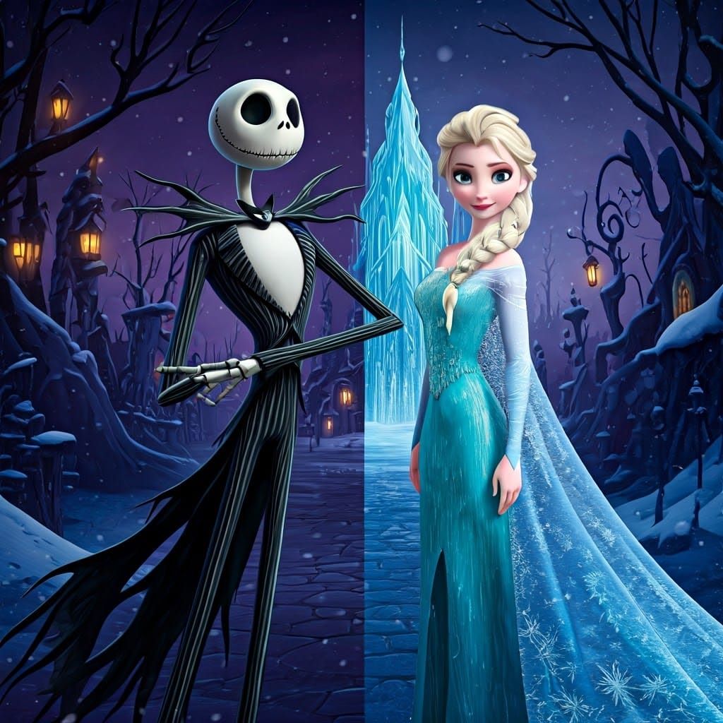 Jack Skellington and Elsa: A Dreamlike Split Composition