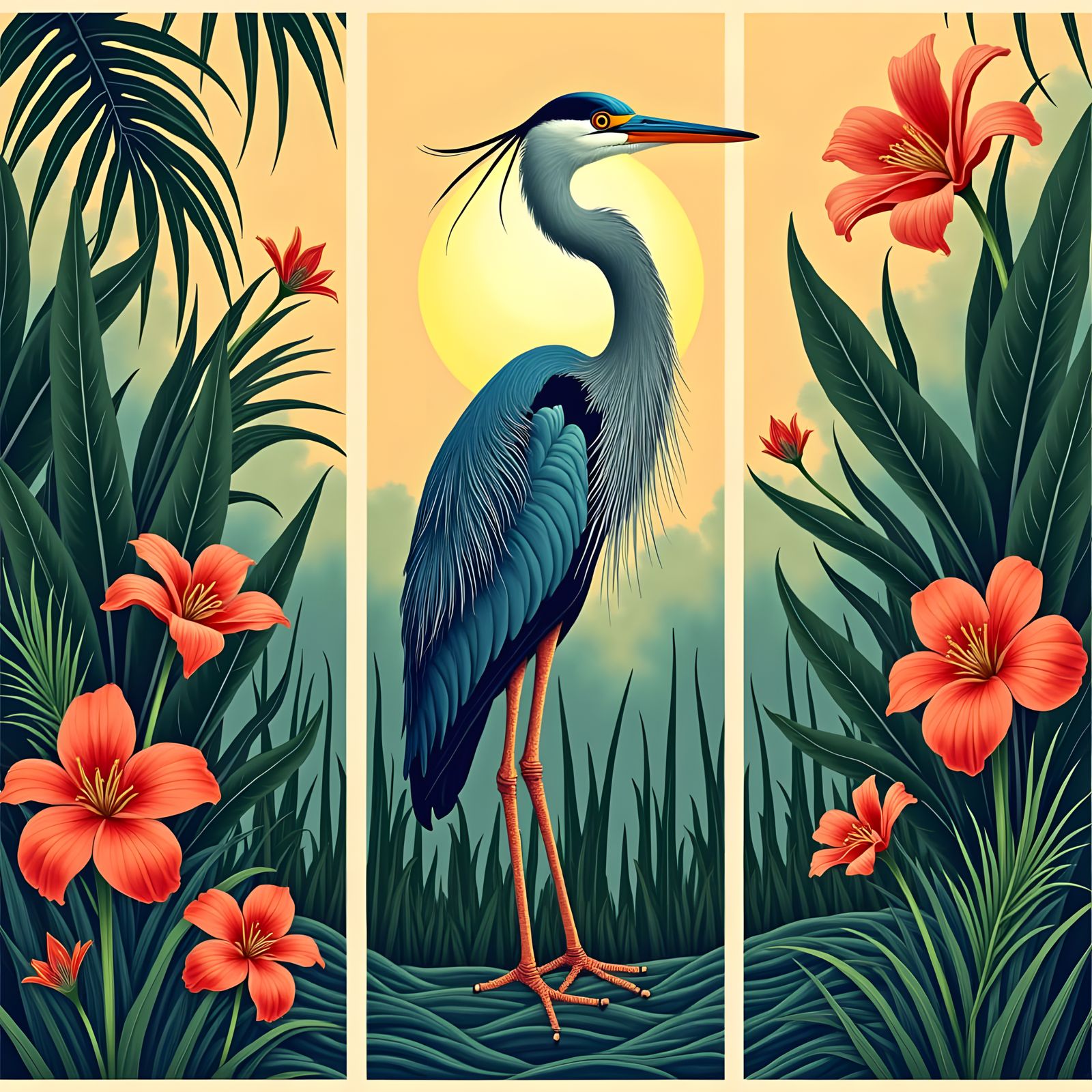 Heron in Tropical Rice Field Woodcut Triptych