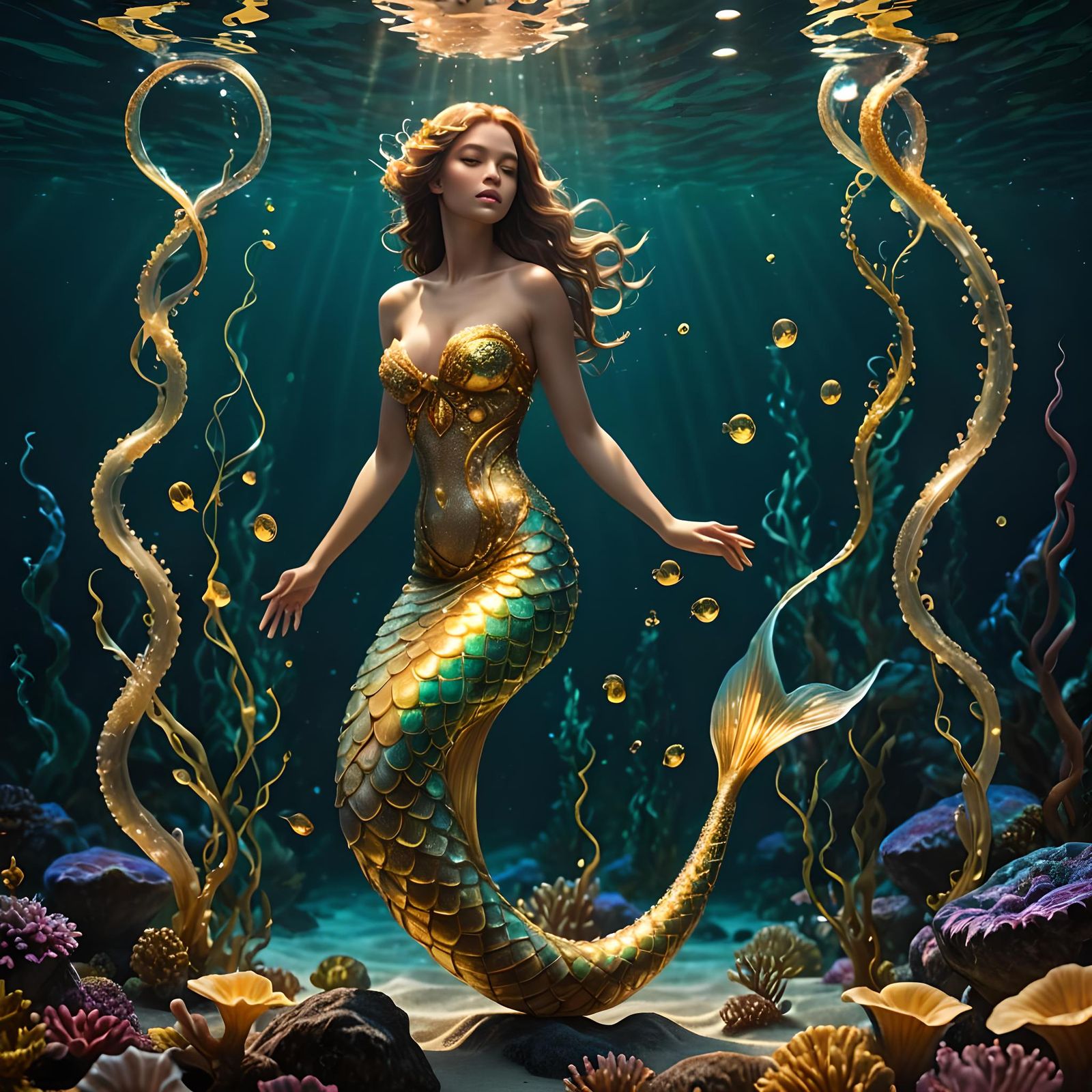 Majestic Eel Mermaid in Bioluminescent Underwater Scene