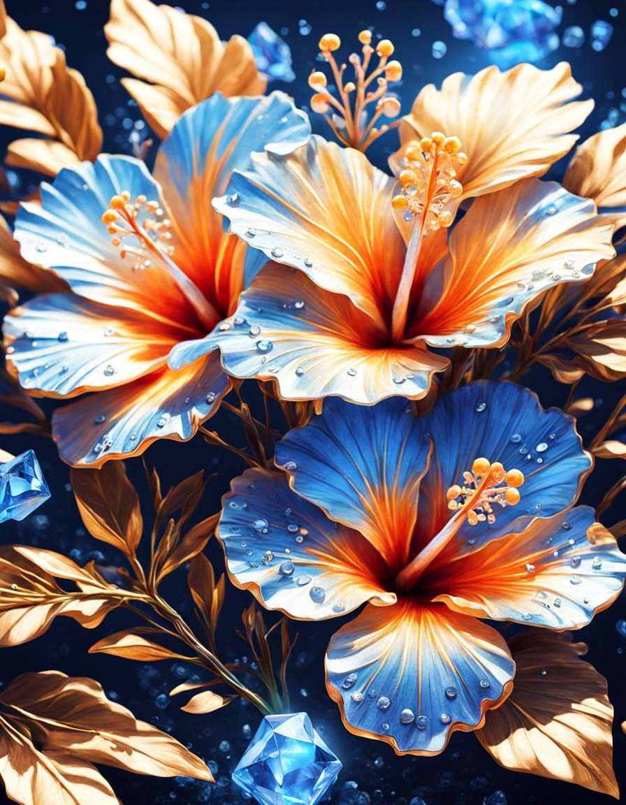 Crystal Hibiscus Flowers on Tropical Beach at Night