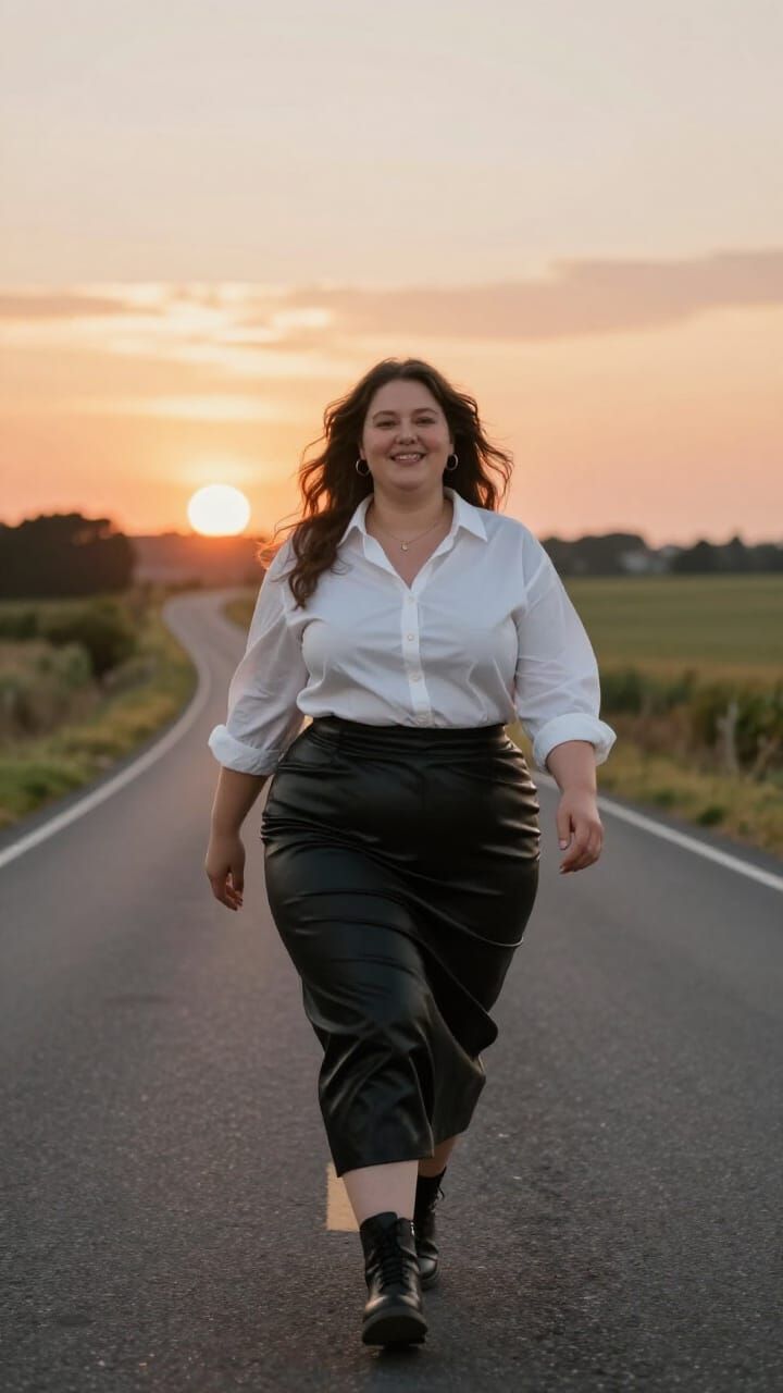 Curvy Woman Walks Down Country Road at Sunset