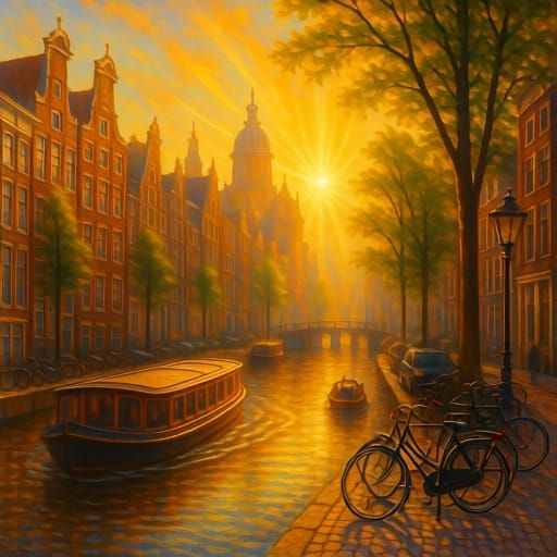 Amsterdam Golden Hour Cityscape with Historic Buildings