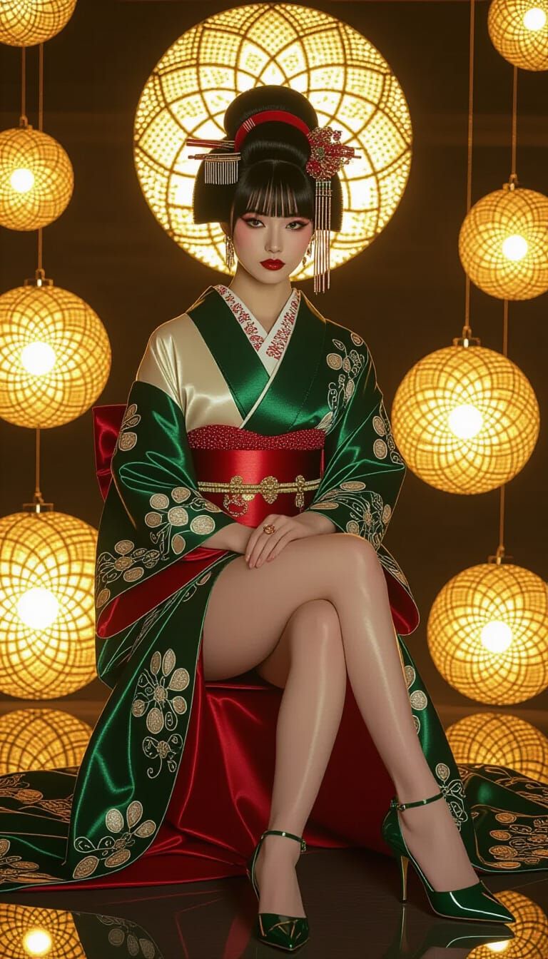 Serene Woman with Geisha Bun and Emerald Outfit