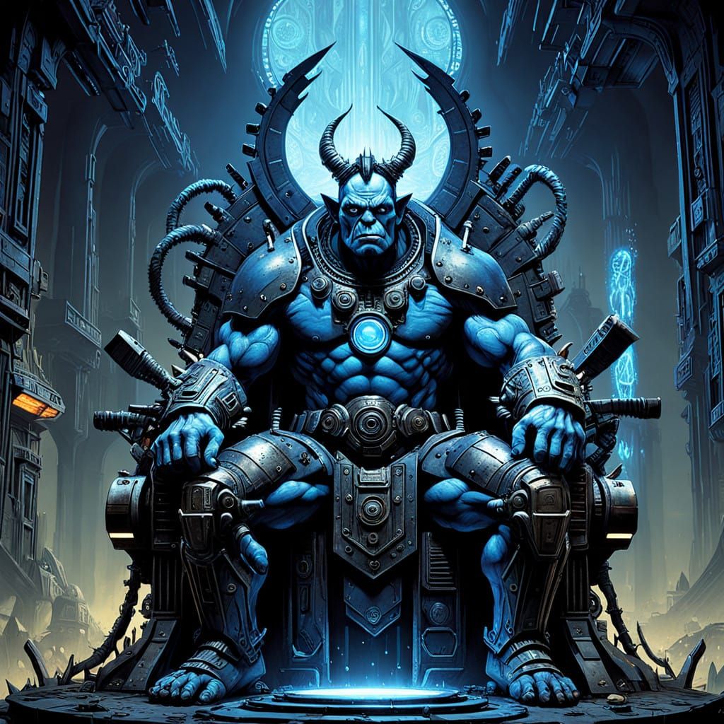 A sci-fi orc tribal leader seated on a futuristic throne made of scrap metal and holograms, surrounded by their clan. Ho...