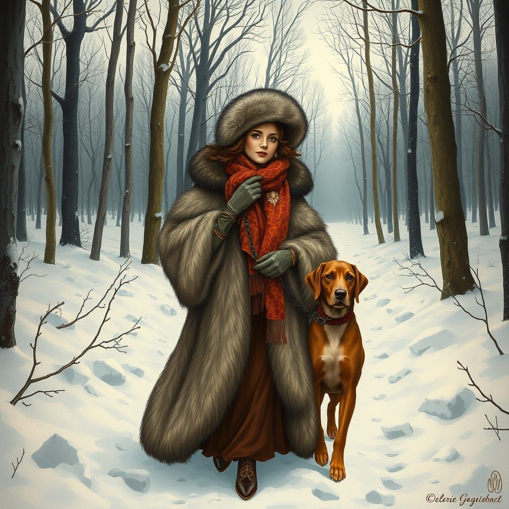 Elegant Lady Strolls through Snowy Woods in Art Nouveau Styl...