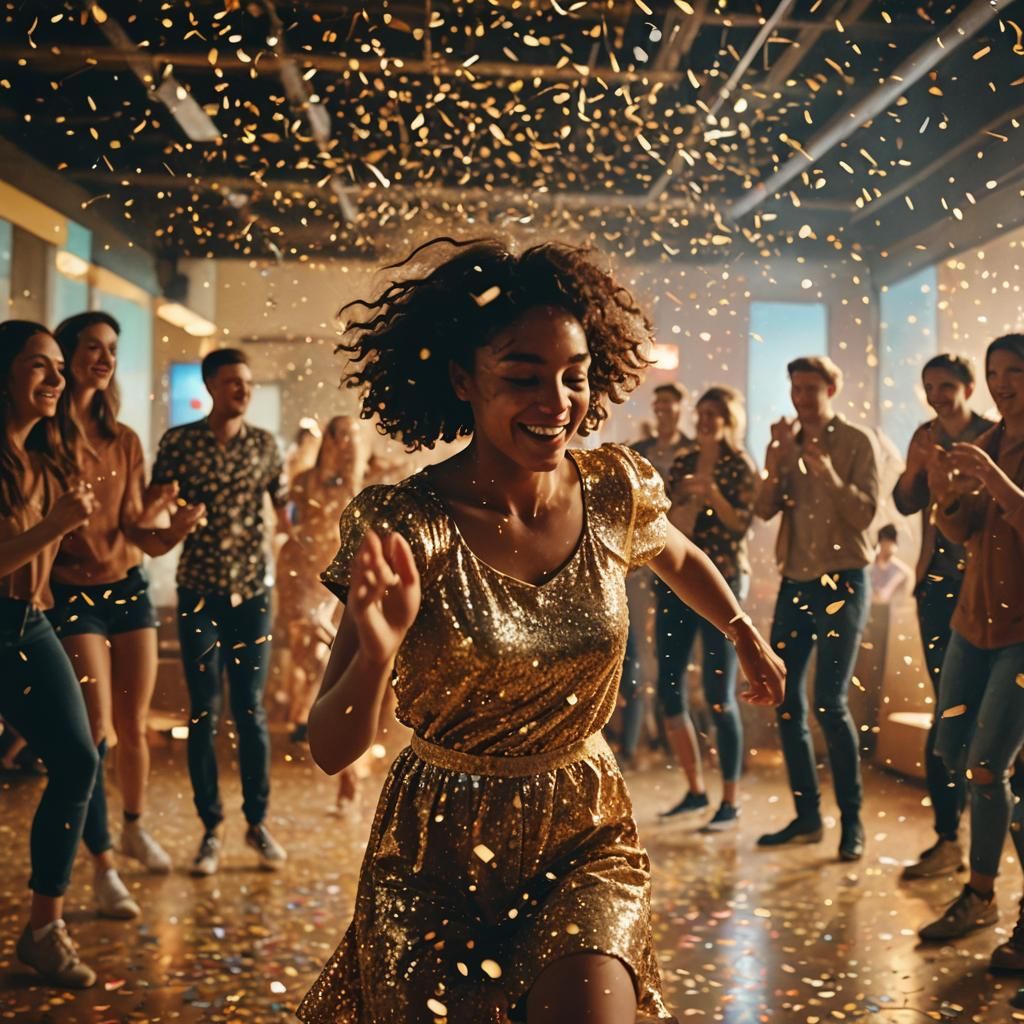 Joyful Dance: Cinematic Silhouette on Vibrant Dance Floor