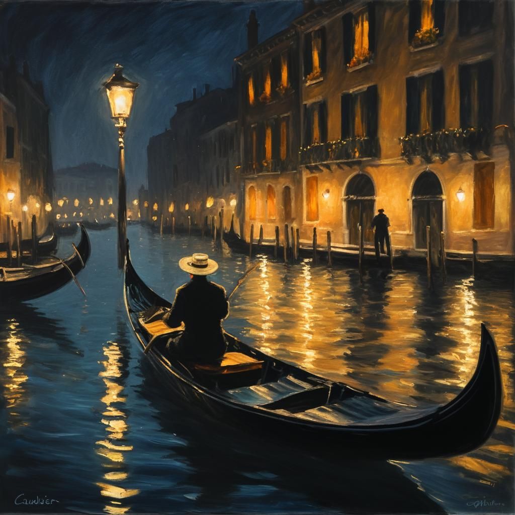 Romantic Impressionist Gondola Scene at Night