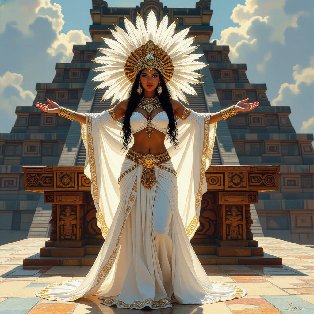 Priestess on Aztec Pyramid in Fantasy Oil Painting