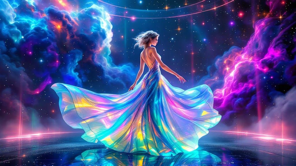 Crystal Statue Dances in Cyberpunk Nebula