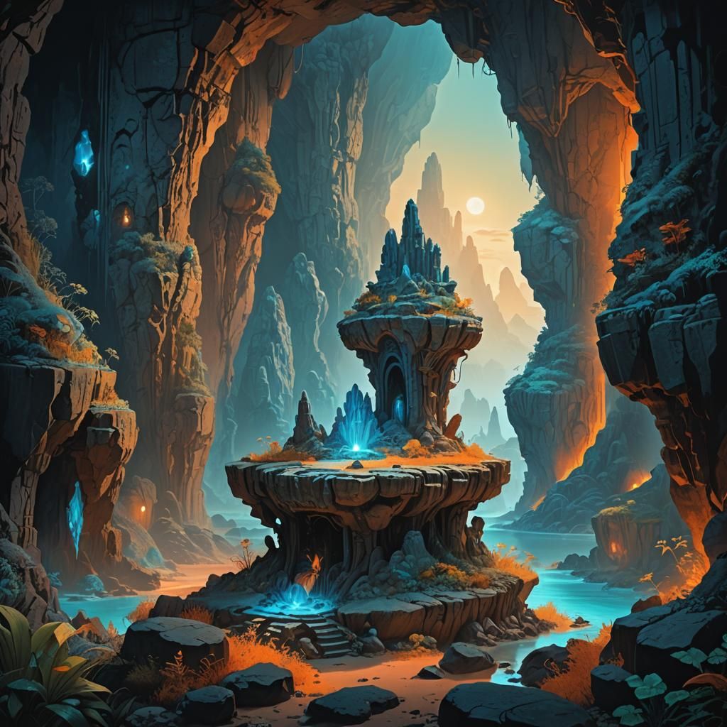 Mystical Relic in Bioluminescent Cave, Fantasy Art