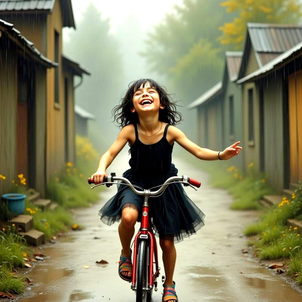 Riding her Red Bicycle in the Summer Rain