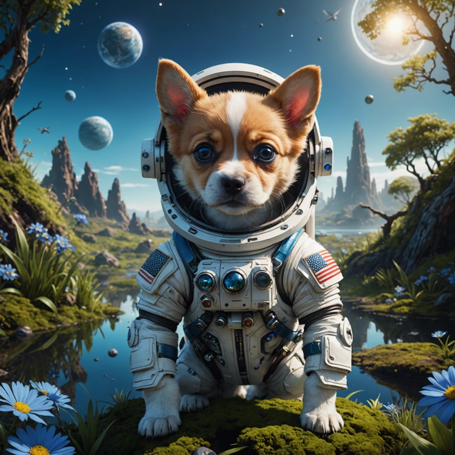 Astronaut Puppy on Swamp Planet, Digital Art