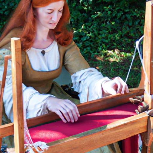 Woman Weaving at Ancient Loom in Pre-Raphaelite Style