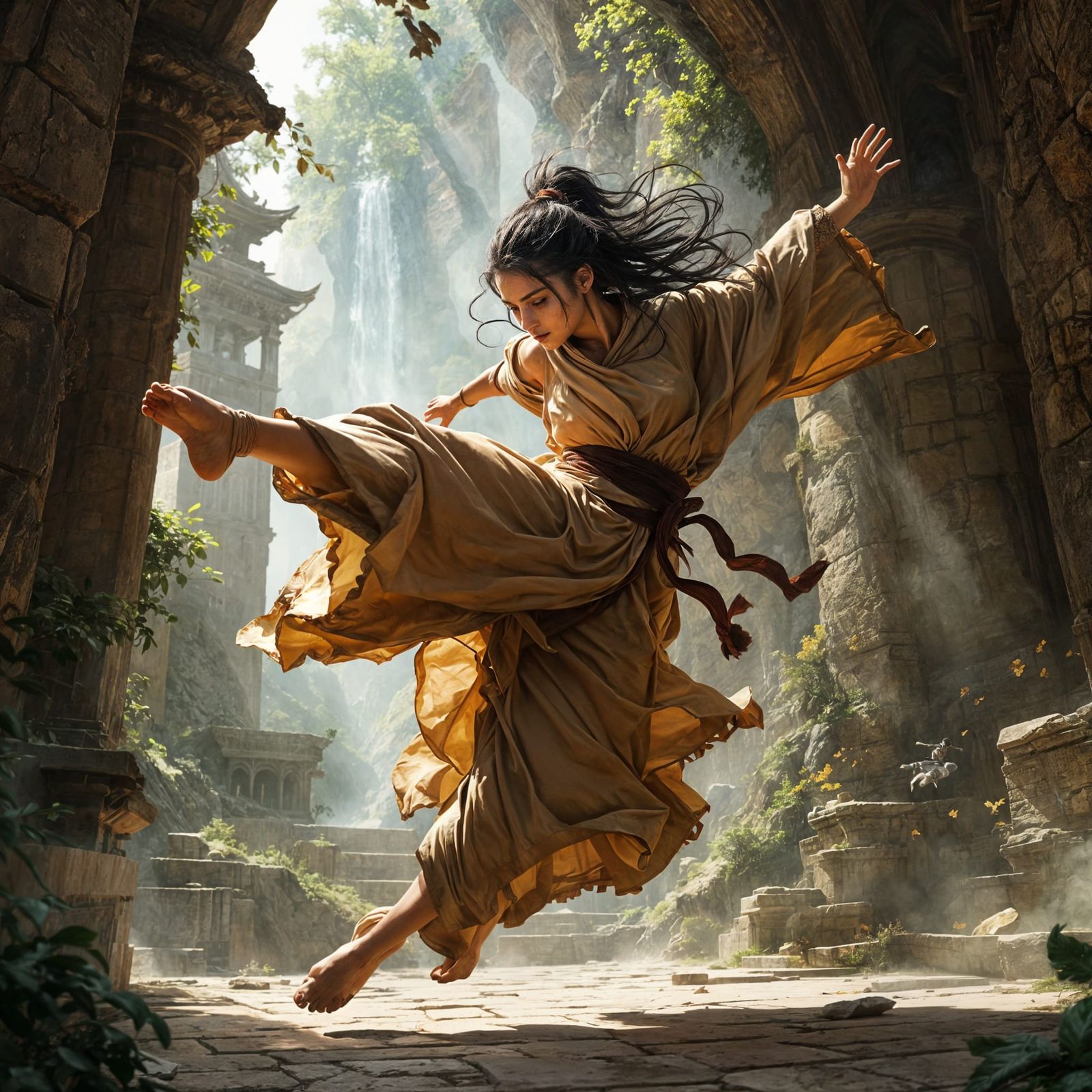 Ethereal Warrior in Whirling Tunic, Fantasy Monastery Scene