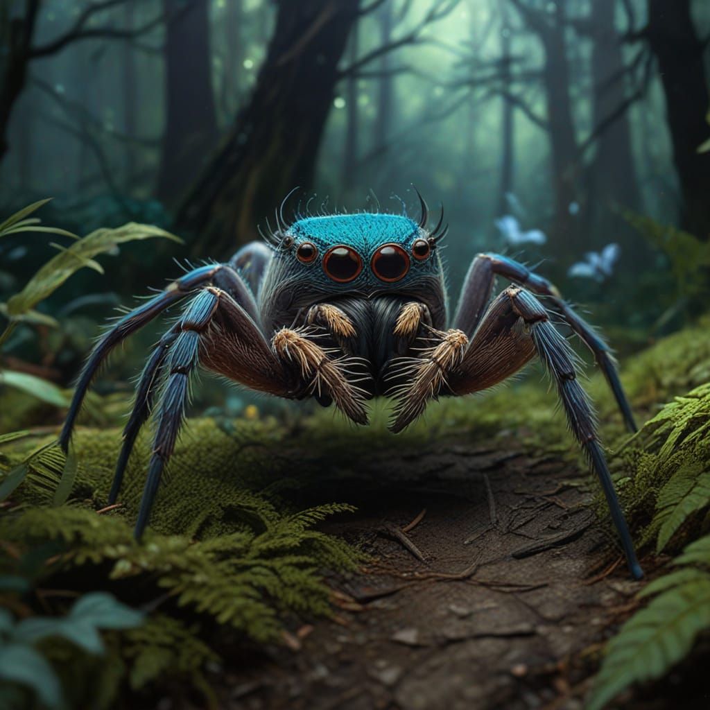 Fantastical Jumping Spider in Bioluminescent Forest